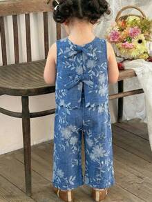 SHEIN LMoss Kids 女嬰刺繡花卉裝飾蝴蝶結上衣套裝 藍色兩件套 花卉兩件套 嬰兒女嬰 - 彩色 - 查看 4