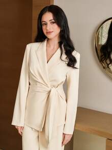 Modelyn New Design Pleated Tie-Waist Slim Fit Elegant Office Blazer - Apricot - View 3