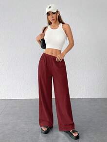 SHEIN PETITE Quần ống rộng dáng suông đơn giản có họa tiết dành cho nữ - Màu Đỏ Sâu - Xem 4