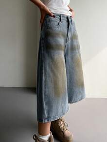 DAZY Western Cowgirl Distressed Washed Loose Straight Capri Jeans Casual Shorts For Women, Spring/Summer Jorts - Blue - View 4