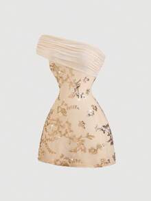 SHEIN Sweetro Đầm mini dáng chữ A thanh lịch, gợi cảm kiểu Y2K, vai bất đối xứng, đính cườm và thêu họa tiết, thích hợp cho mùa hè. - Màu be - Xem 4