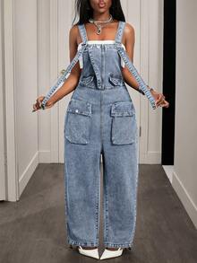 Slaydiva Bộ áo liền quần denim không tay dáng rộng, thời trang thường ngày dành cho nữ, thích hợp cho mùa hè. - Rửa nhẹ - Xem 4