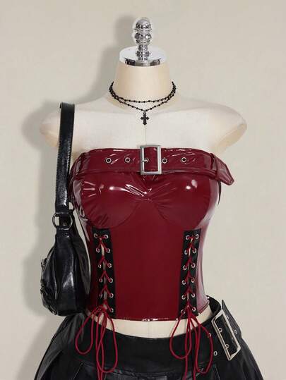 SHEIN ICON Y2k 女款加大码乡村音乐会嬉皮士黑色哥特风 PU 鸡眼系带露脐胸衣上衣，时尚