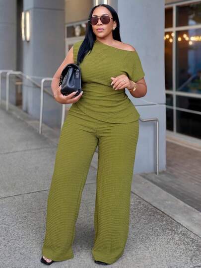 Veslaya Conjunto de 2 piezas de pantalón ancho y top asimétrico de un hombro con cintura ceñida y bajo asimétrico en color verde, ideal para mujer talla grande en primavera/verano 2026 para festivales de música, Pascua, estilo occidental, nómada, fiestas de cumpleaños, graduación, universidad, uso diario casual, básico, ocio, vacaciones, cruceros, playa, tomar el sol, virales, ropa urbana, invitada de boda bohemia, ir a la oficina, brunch, aeropuerto, fiestas, salidas festivas, galas elegantes, bailes, casual y de alta gama