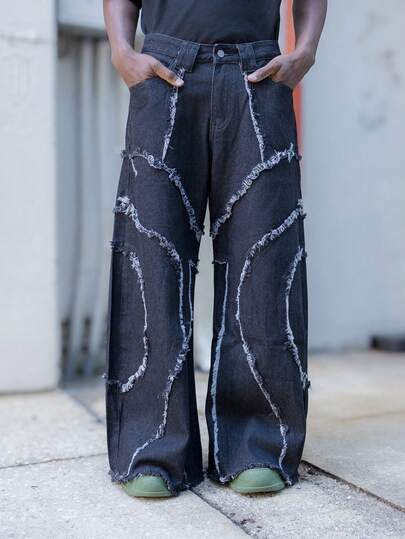 BelSigned BelSigned 1件日式拼接刺绣毛边阔腿牛仔裤，男士个性街头风做旧宽松长裤（不含腰带和配饰）