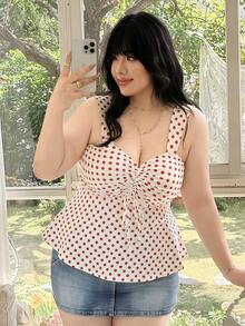 CovetEZ Top de malha regata plus size casual com estampa de bolinhas, elástico, estilo férias. - Multicolorido - Ver 6