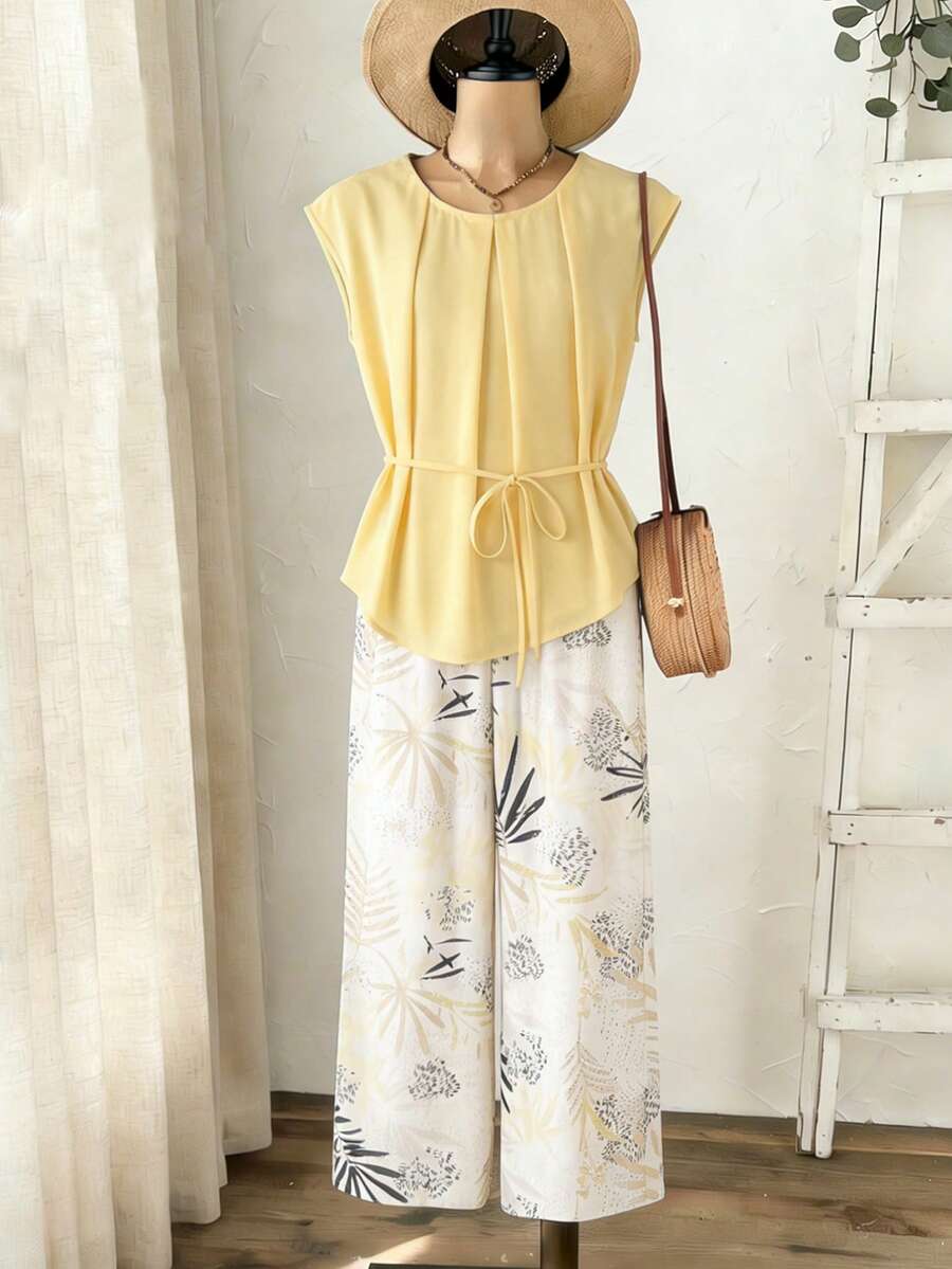 Rusticease Women's Yellow Round Neck Belted Top And All-Over Allover Print Pants 2 Pieces Set Summer Clothes Women Sets Outfit For Women Set Casual Casual Terno For Women Blouse And Pants Spring Outfits For Women Set Pijams Summer Set For Woman Vacation Outfits Women Women Vacation Outfit Sets Womens Summer Outfits Women Spring Outfit Women Summer Outfits - Multicolor - View 1