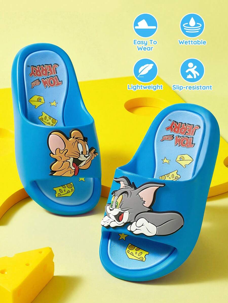 TOM & JERRY X SHEIN 可爱卡通蓝色男童及儿童拖鞋,速干、轻便、耐用的EVA材质,男女通用,适合在家、浴室、游乐场、游泳池、海滩等室内外穿着。 - 藍色 - 查看 1