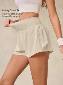 OutZeal Gym Shorts Women Sports Pink Shorts Solid Color Summer Spring Workout Breathable Stretch High Waist Built-In Shorts Ruffled Hem Design Active Bottoms - Apricot - View 4