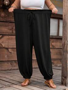 SHEIN CURVE+ Plus Size Women Solid Color Ruffle Waist Tie Ankle Pants - Black - View 4