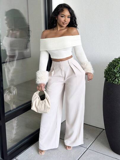 Alexandranx 秋季女装；女士春秋纯色拼布毛茸茸袖口露肩修身时尚衬衫女士外出上衣，优雅装扮，适合日常约会、夜店、派对和新年活动；新年女装