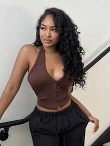 Alexandranx 新款女式亮片针织垂坠领上衣 - 棕色 - 查看 3