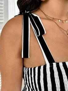 SHEIN Tall CURVE 大码条纹束腰长款系带无袖连衣裙，夏季 - 黑色 - 查看 3