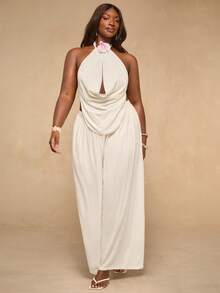 SHEIN BAE Plus Size Women's White Summer Tropical Beach Holiday Set,Solid Chiffon Halter Neck Top And Wide-Leg Pants 2 Pieces Set,Elegant Floral 3D Decor Suit - White - View 7