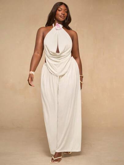 SHEIN BAE Plus Size Women's Solid Color Chiffon Vacation Halter Neck Vest And Wide-Leg Pants Two Pieces Set, Tropical Vacation Women's Suit, Music Festival Country Concert Hot Girl Cute Spring And Summer New Suit.,White Linen Floral 3D Decor Halter Neck Top And Pants 2 Pieces Set,Summer Outfit For Women,Spring Clothing,Festival Set,Easter Set Women,Elegant Set,Beach Outfit,Plus Size,Curve,Holiday Set,Y2k