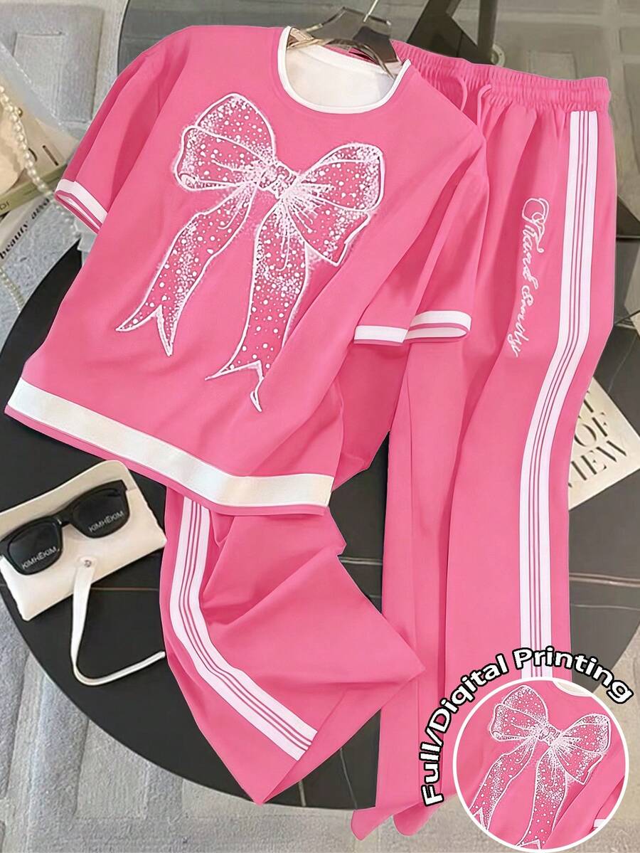 SHEIN Franclia Camiseta de manga corta con cuello redondo de ajuste regular + Pantalones de pierna recta con bolsillos en diagonal - Rosa - Ver 1