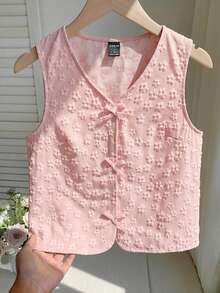 Teen Girl Pale Pink Vest With 3D Floral Texture, V-Neck + Bow Design - Multicolor - View 1