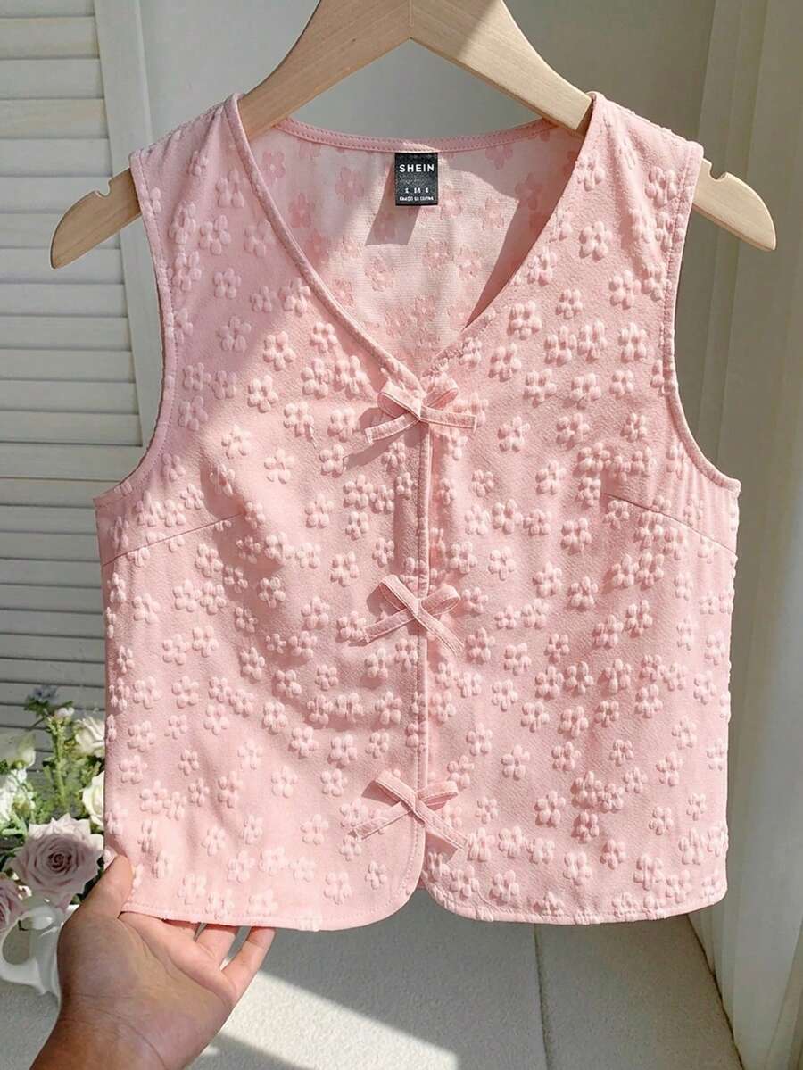 Teen Girl Pale Pink Vest With 3D Floral Texture, V-Neck + Bow Design - Multicolor - View 1