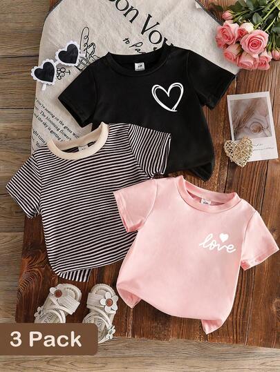 SHEIN Female Baby Casual Versatile Love Slogan Print Pattern 3 Pieces Set, Classic Striped Top, Soft And Comfortable Fabric, Value-Packed Undershirt Set, Perfect For Spring And Summer Everyday Wear, Outdoor Outfits