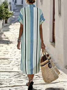 Breezaya Women's Light Blue Striped Summer Casual Shirt Dress,Loose Button-Down Maxi Dress,Elegant Holiday Vacation Beach Wear,Stylish Short Sleeve Outfits - Multicolor - View 3
