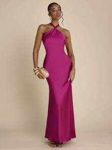 SHEIN BAE Đầm satin màu hồng cánh sen hở lưng buộc dây, kiểu dáng thanh lịch, thích hợp cho khách dự đám cưới, phù dâu, tiệc cocktail gợi cảm, tiệc brunch. - Màu Hồng Tươi - Xem 4