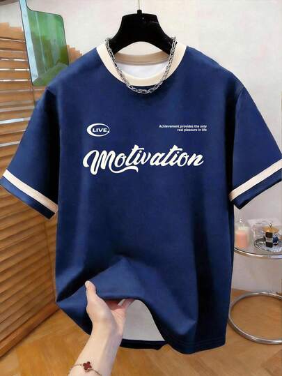 Manfinity Dauomo Men's Loose Contrast Collar Short Sleeve T-Shirt, Blue, Minimalist Letter Print Design, Elegant, Casual Everyday Wear, Comfortable, Suitable For Outdoor, Student