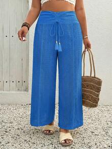 SHEIN Clasi 加大码提花面料抽绳腰侧开衩度假裤 - 寶藍色 - 查看 3