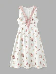 lacRébo Floral Print Satin Midi Dress With Contrast Green Lace Trim Spring Summer Vintage Vacation French Style Parisian Style - White - View 7