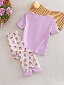 SHEIN 2件套 少女可爱休闲梦幻紫色芭蕾舞鞋印花短袖打底裤家居服套装，春夏款 - 紫色 - 查看 2