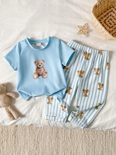 Infant/Toddler Boys' Cute Bear Print Blue Striped Short Sleeve Top And Pants 2 Pieces Pajama Set, Elegant & Comfortable