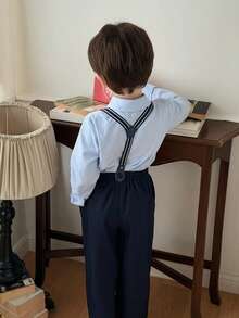 Dazy Kids 男童条纹单排扣长袖上衣和背带裤休闲套装 - 藍色 - 查看 2