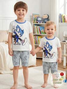Top elegant Young Boy, alb, cu guler rotund și mânecă scurtă, cu imprimeu de vulpi albastre, asortat cu pantaloni scurți gri, material tricotat, pijamale confortabile, croială strânsă, din două piese - alb - Vizualizare 3