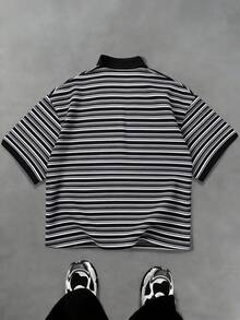 STYNVO Camisa polo casual de manga corta con rayas y bordado de letras para hombres - Multicolor - Ver 2