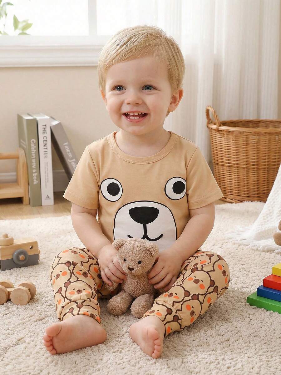 Baby Boy Cartoon Print Short Sleeve T-Shirt And Pants Pajama Set,Kids