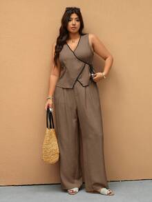 Elaquor 大码休闲通勤撞色系带背心和直筒裤两件套 - 灰色 - 查看 6