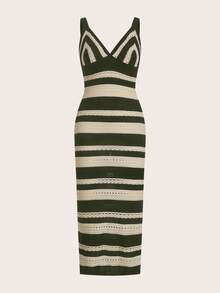 SHEIN PETITE Large Size Spring And Autumn Holiday Crochet Long Sweater Dress - Army Green - View 3