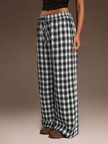 SHEIN ICON Women's Brown Baggy Plaid Minimalist Casual Pants - Black and White - View 6
