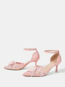 CUCCOO HITCHD Spring And Autumn New Pink Flower Mesh Lace Pointed Toe Heel Stylish Elegant Hollow Women's High Heel Shoes - Pink - View 3