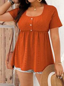 EMERY ROSE Plus Size Casual Solid Color Short Sleeve T-Shirt - Orange - View 4