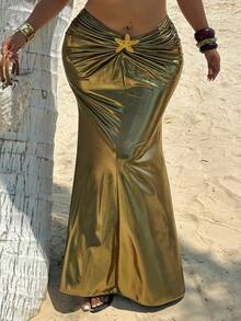 Sunnyshic Gold-Plated Music Festival Slit Sexy Long Skirt - Gold - View 5