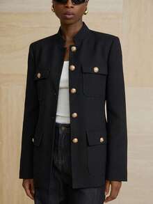Aveloria Modichic Stand Collar Thick Tweed Single-Breasted Metal Button Decor Belt Utility Jacket - Black - View 3