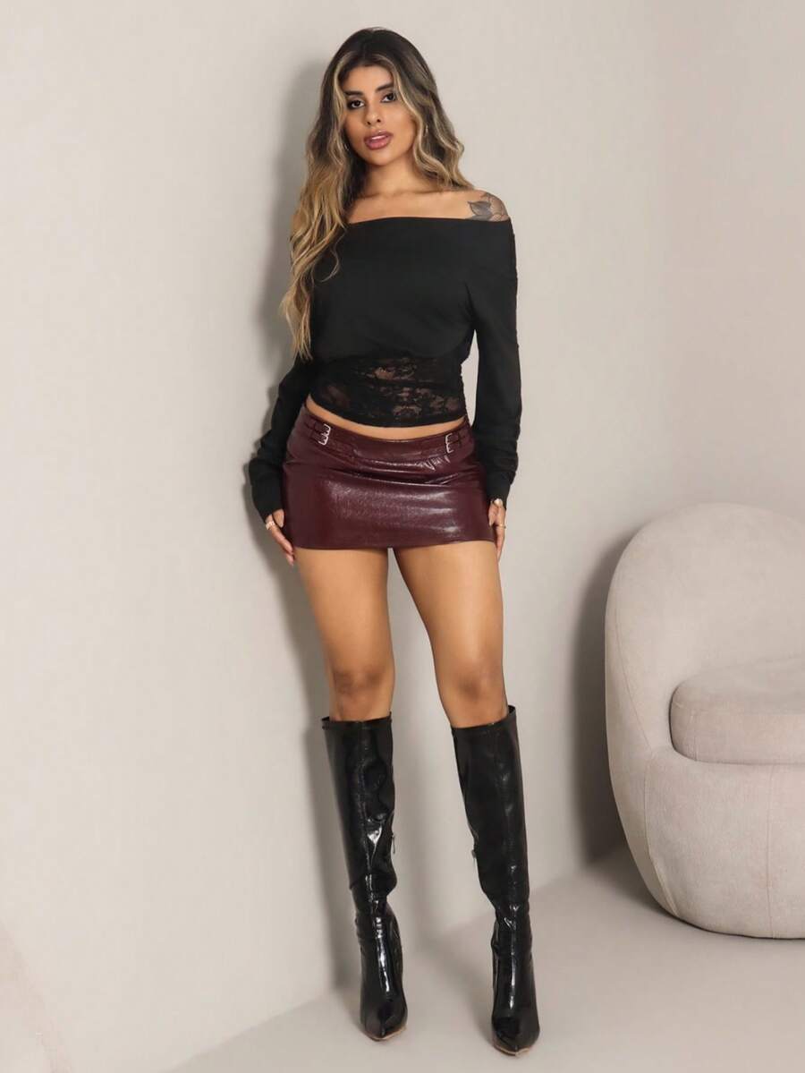 Rayane Ketlyn Chân váy tối giản màu trơn đơn giản dành cho nữ - Màu Đỏ Sâu - Xem 1