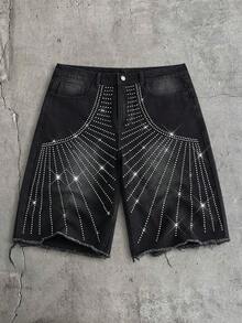 AXEPEAK Men's Black Rhinestone Embellished Loose Fit Bermuda Shorts Rhinestone Jorts Men - Black - View 2