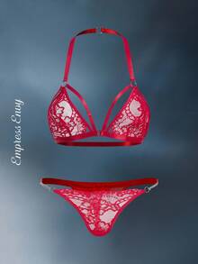 EmpressEnvy 2 piezas Conjunto de sujetador con cierre delantero de encaje floral de soporte para mujeres - Rosa Roja - Ver 6