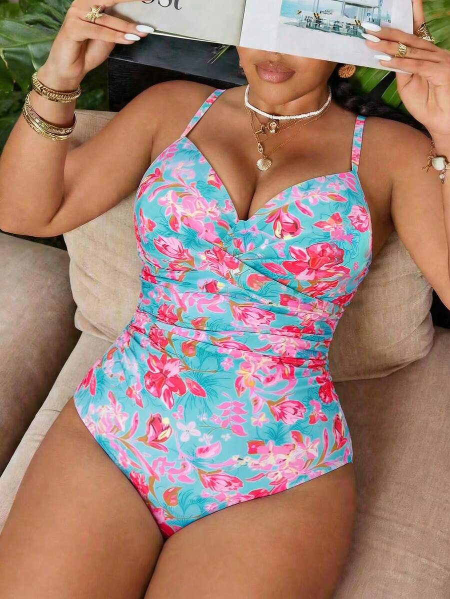 Swim Vcay Traje de baño informal de una pieza con estampado aleatorio para mujer de talla grande - verde menta - Ver 1