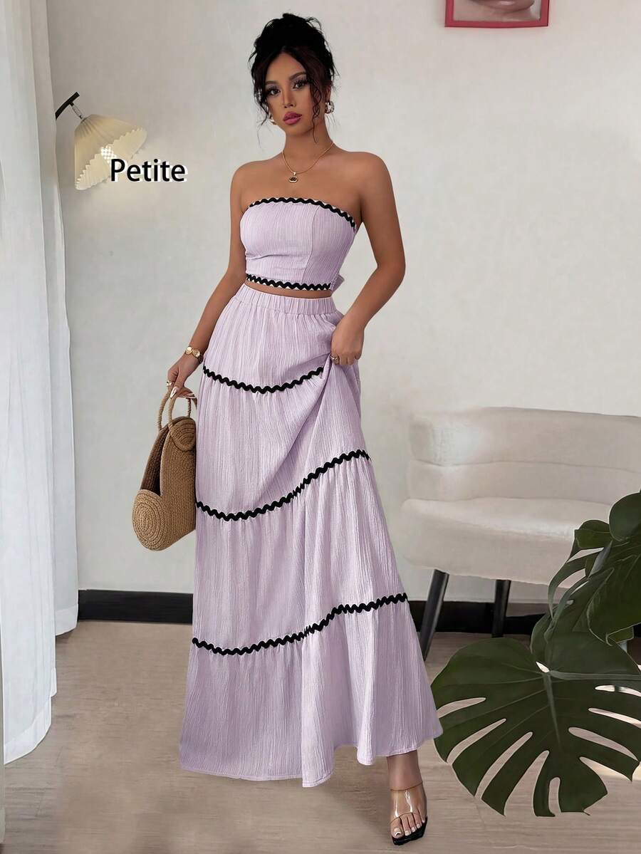 Rafferiza Petite 2pcs/Set Women Elegant Ribbon Decor Bandeau Top And Skirt Set - Purple - View 1