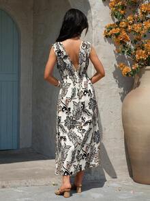 Swim Vcay Deep V-Neck Printed Sleeveless Waist Cinched Dress, Suitable For Beach Vacation In Spring/Summer - Black and White - View 2
