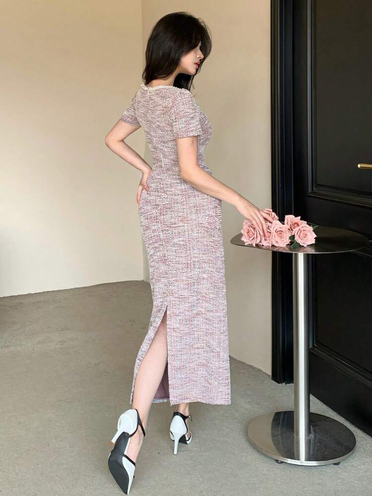 Women's Elegant Beaded Decor Fitted Mid-Length Dress, Summer