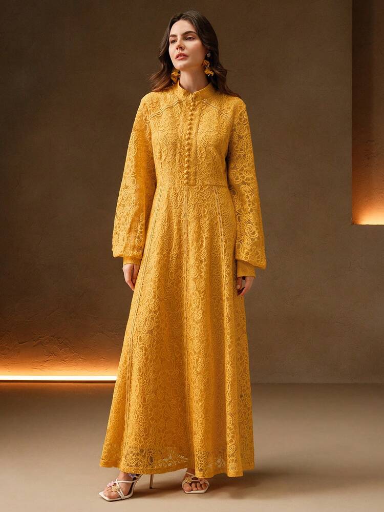 Women's Long Sleeve Lace A-Line Dress, Elegant Summer Long Dress, Yellow