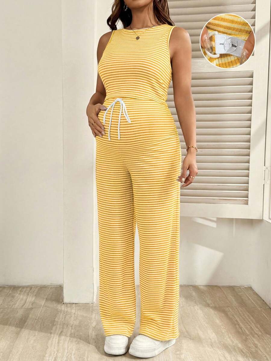 SHEIN 2pcs Atasan Bergaris untuk Ibu Hamil dan Celana Panjang Lebar dengan Pinggang yang Dapat Diatur, Pakaian Kasual Sehari-hari - Jeruk - View 1